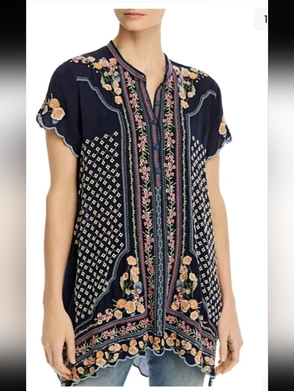 Johnny Was Moji Embroidered Navy Floral Split-Neck Short Sleeve Tunic Top